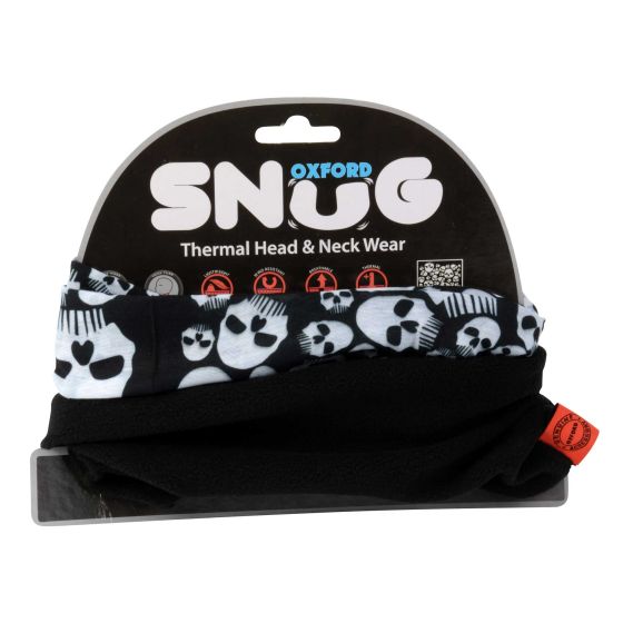 Black and white thermal head and neck wear featuring a skull pattern, packaged with a branded backing card, showcasing its snug design and versatility.