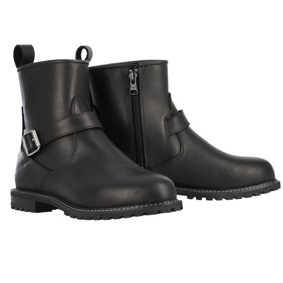 Black leather Oxford Sofia ladies motorcycle boots featuring a side zipper, adjustable strap, and rugged sole, size 36 (UK 3).