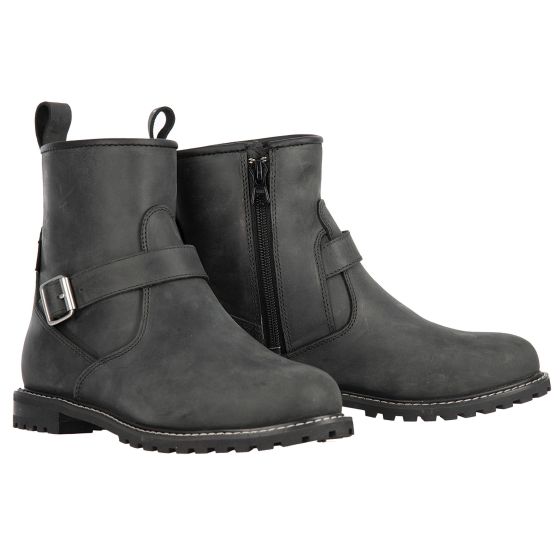 Charcoal grey leather motorcycle boots with a side zipper, buckle detail, and rugged sole, designed for ladies in UK size 3 (EU 36).
