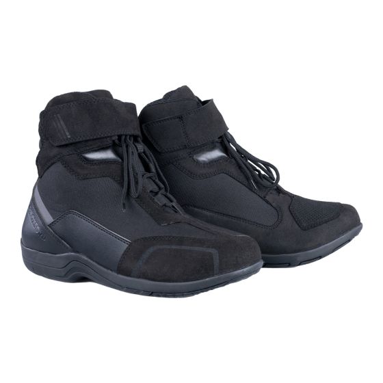 Black Oxford Spartan Air motorcycle boots in size 43 (UK 9), featuring a combination of suede and textile materials, lace-up front, and adjustable ankle strap for secure fit.