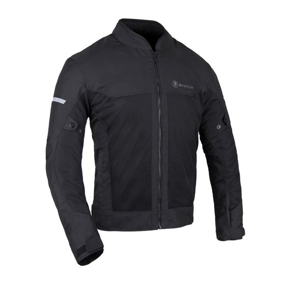 Black Oxford Spartan Air textile jacket in 4XL, featuring a sleek design, mesh panels for ventilation, a zippered front, and reflective detailing on the sleeves.