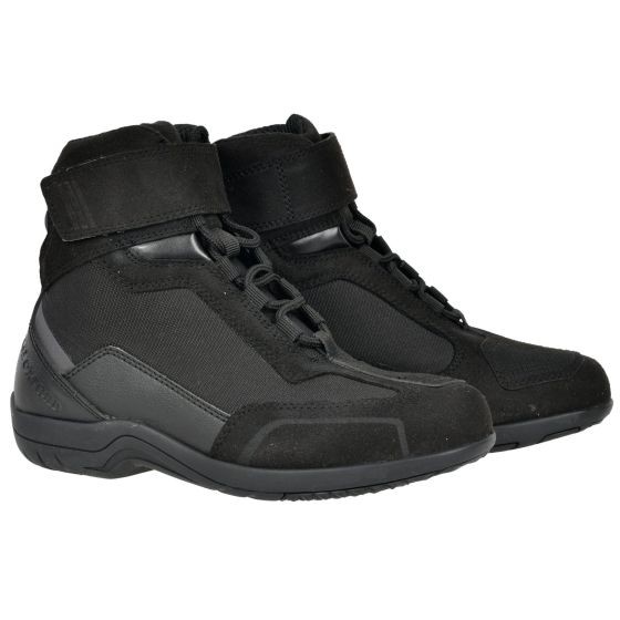 Black short boots by Oxford, featuring a combination of suede and mesh materials, lace-up design, and adjustable ankle strap for a secure fit.