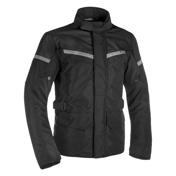 Black Oxford Spartan Long textile jacket, size L, featuring waterproof material, reflective stripes, and multiple pockets for functionality.
