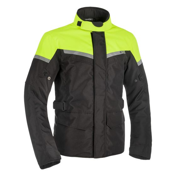 Black and neon-yellow Oxford Spartan Long textile jacket, waterproof, featuring reflective strips, adjustable waist, and multiple pockets, size M.