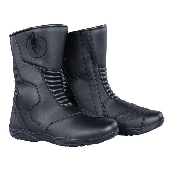 Black leather Oxford Spartan WP motorcycle boots, featuring a sturdy design, ribbed panels for flexibility, and a logo emblem on the side, size 47 (UK 13).