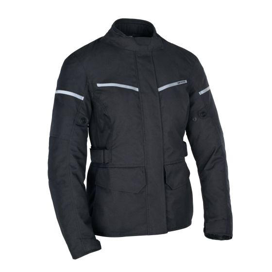 Black waterproof textile jacket for women by Oxford, featuring a long design, reflective stripes, and adjustable waist, size M.
