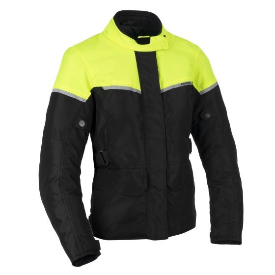 Black and neon-yellow waterproof textile jacket for women, featuring a high collar, reflective strips, and adjustable waist, designed for comfort and visibility in size S.