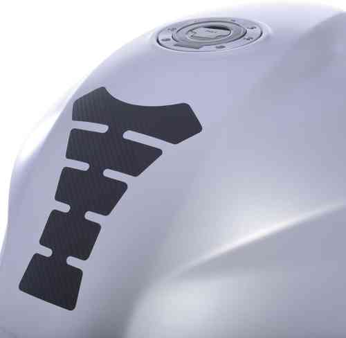 Black carbon fiber tank pad with a unique design, featuring a prominent Oxford logo, positioned on a sleek silver motorcycle tank.