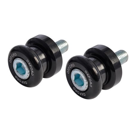 Black rubber paddock stand bobbins with a central blue hexagonal insert and silver threaded metal shaft, featuring "OXFORD" branding on the outer edge.