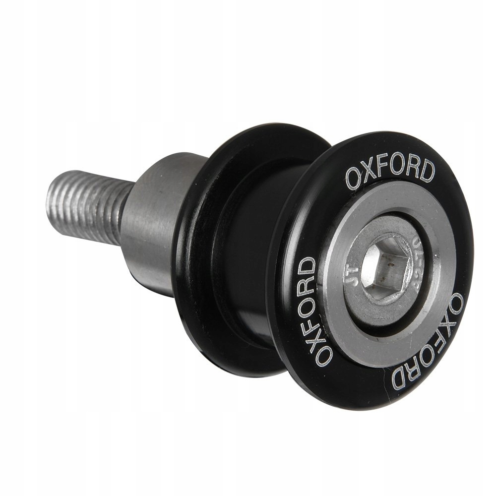 Black and silver Oxford Spinners Paddock Stand Bobbin, featuring a durable design with a hexagonal socket and M10 x 15 mm size for secure motorcycle support.
