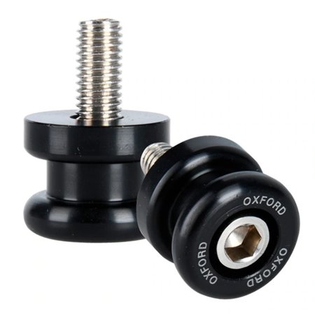 Black OXFORD OX815 paddock stand bobbins with a smooth, rounded design, featuring a threaded metal screw and hexagonal socket for secure attachment.