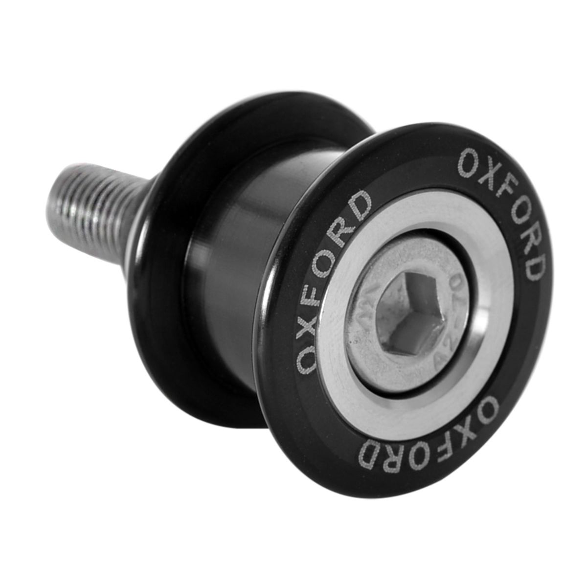 Black and silver Oxford Spinners Paddock Stand Bobbin, featuring a durable design with a central hexagonal socket and marked branding, size M8 x 10 mm.