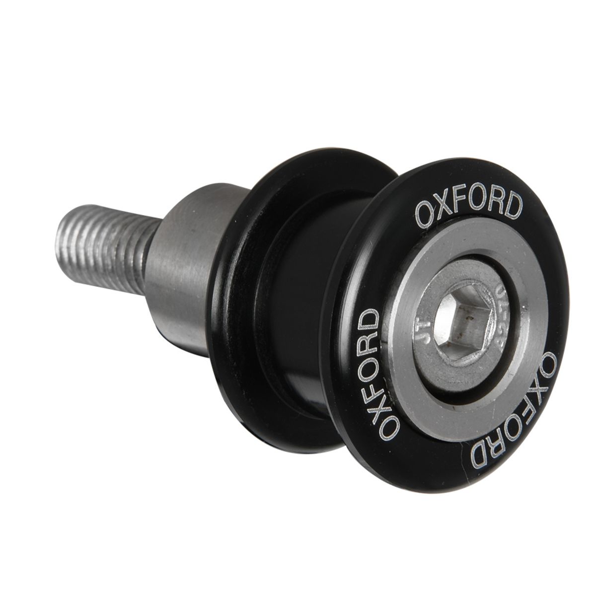 Black and silver Oxford Spinners Paddock Stand Bobbin with a smooth, rounded design, featuring a hexagonal socket and marked with "OXFORD," size M8 x 125 mm.