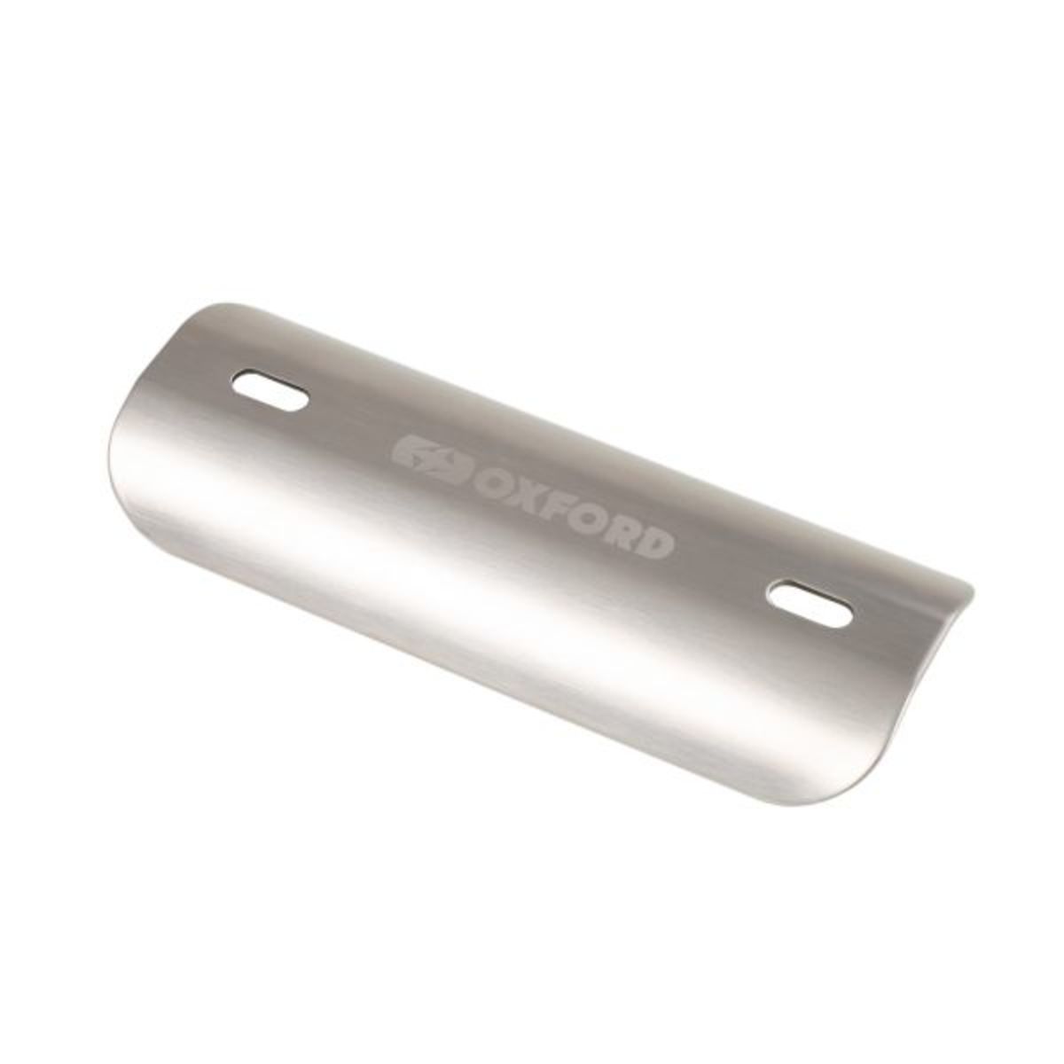 Silver stainless steel exhaust heat shield with a smooth finish, featuring the "OXFORD" logo and two mounting holes for secure installation.