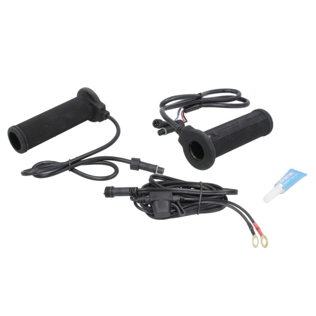 Black rubber heated grips with textured surface, featuring wiring for installation and a small tube of adhesive.