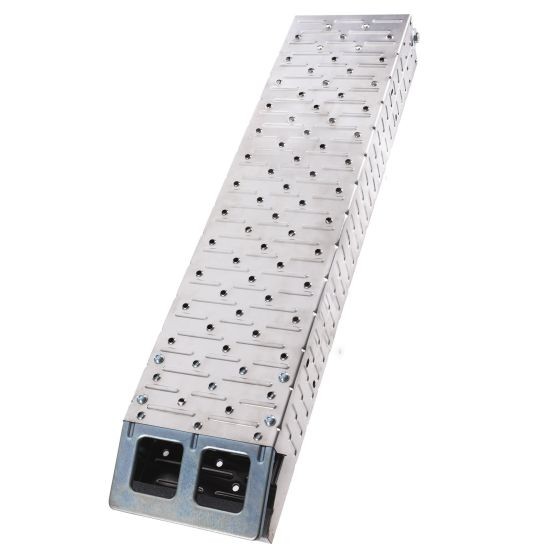 Silver foldable loading ramp made of stainless steel, measuring 2.1m x 27.5cm, featuring a textured surface for grip and reinforced ends for stability.