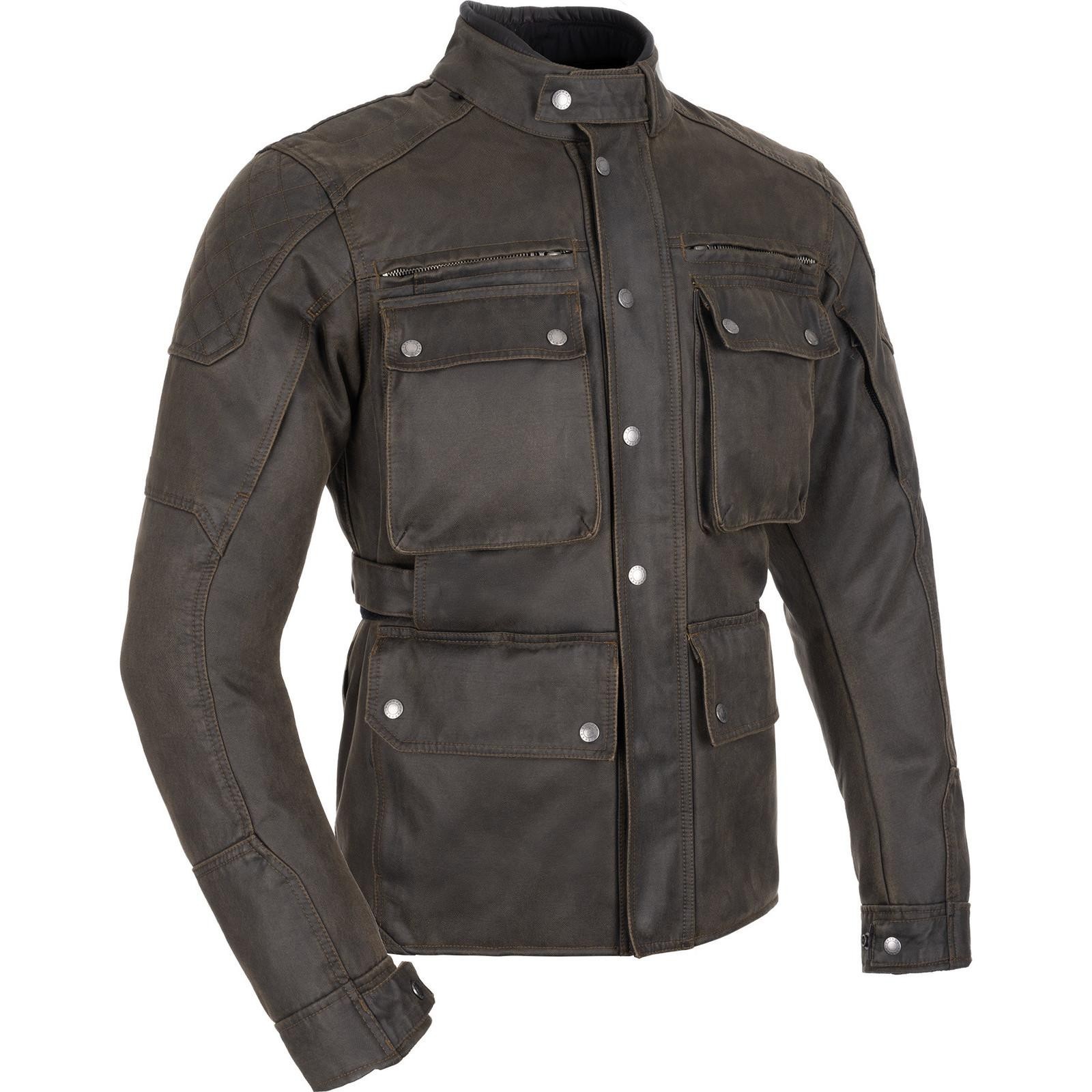 Khaki Oxford Sterling Dry2Dry motorcycle jacket in 5XL, featuring a rugged design, multiple front pockets, a high collar, and durable material for protection and style.