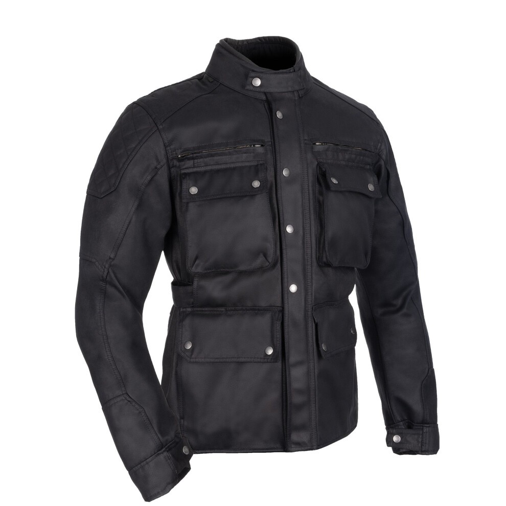 Black Oxford Sterling Dry2Dry Motorcycle Jacket made of durable material, featuring multiple front pockets, a high collar, and a button-up closure for added protection.