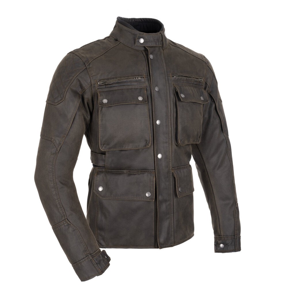 Khaki Oxford Sterling Dry2Dry motorcycle jacket in XL, featuring multiple front pockets, a high collar, and a durable, weather-resistant material.