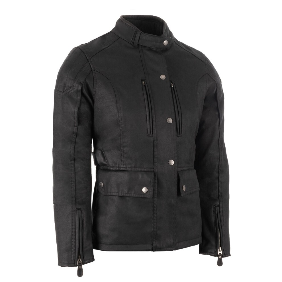 Black textile jacket for ladies by Oxford, featuring a high collar, snap buttons, two front pockets, and zippered cuffs for a stylish and functional design.