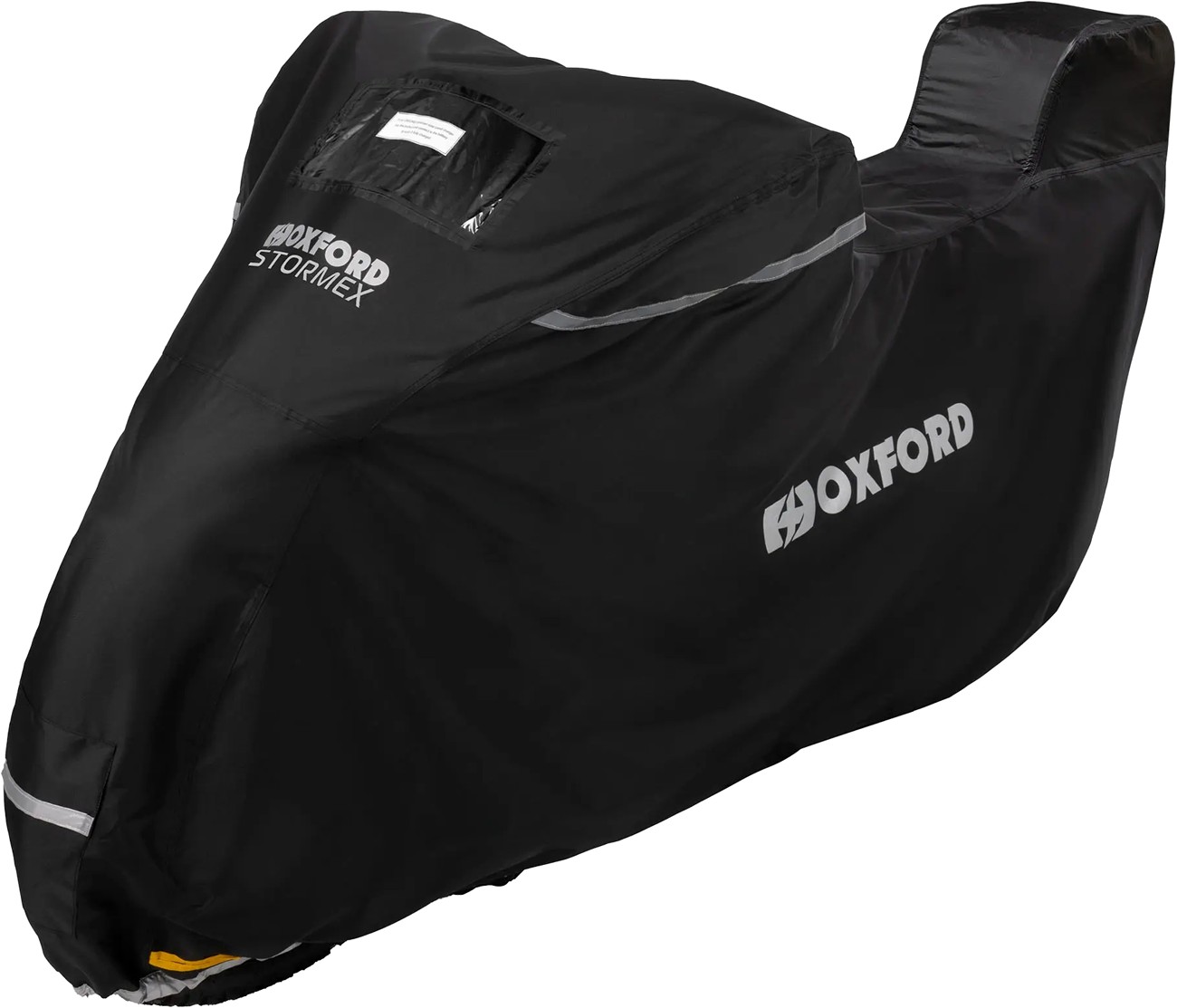 Black waterproof Oxford Stormex Topbox motorbike cover in medium size, featuring reflective strips and a secure fit design for protection against the elements.