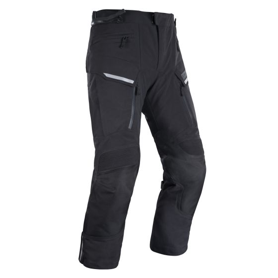 Black waterproof textile pants by Oxford, featuring multiple zippered pockets, reflective strips, and a long 4XL size for enhanced visibility and comfort.