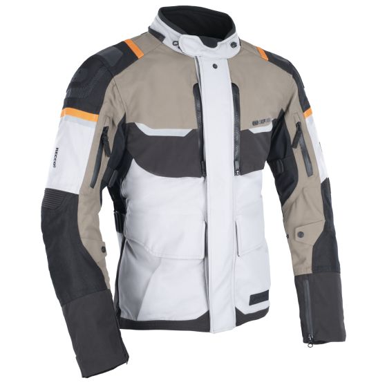 Beige, white, black, and orange waterproof textile jacket by Oxford, featuring multiple zippered pockets, adjustable cuffs, and a modern design, size XXL.