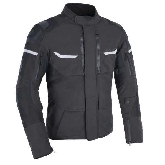 Black waterproof textile jacket by Oxford in size 4XL, featuring reflective stripes, multiple zippered pockets, and reinforced areas for enhanced durability.
