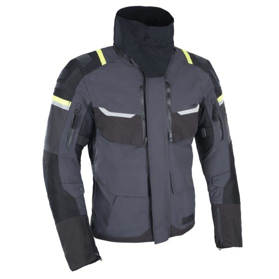 Waterproof dark grey and black textile jacket with neon yellow accents, featuring multiple zippered pockets and a high collar, size S by Oxford.