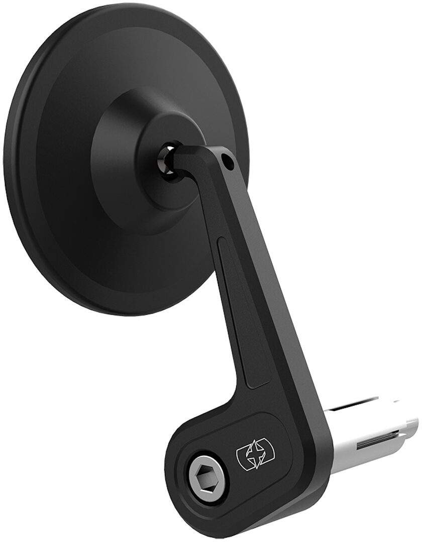 Black OXFORD OX536 mirror with a round base and adjustable arm, featuring a sleek design and a secure mounting mechanism for easy installation.