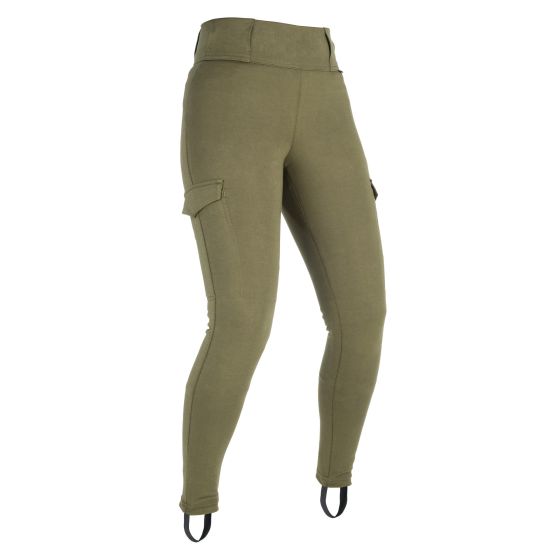 Khaki green Oxford Super Cargo ladies motorcycle leggings with a fitted design, cargo pockets on the sides, and stirrups at the ankles for added functionality.