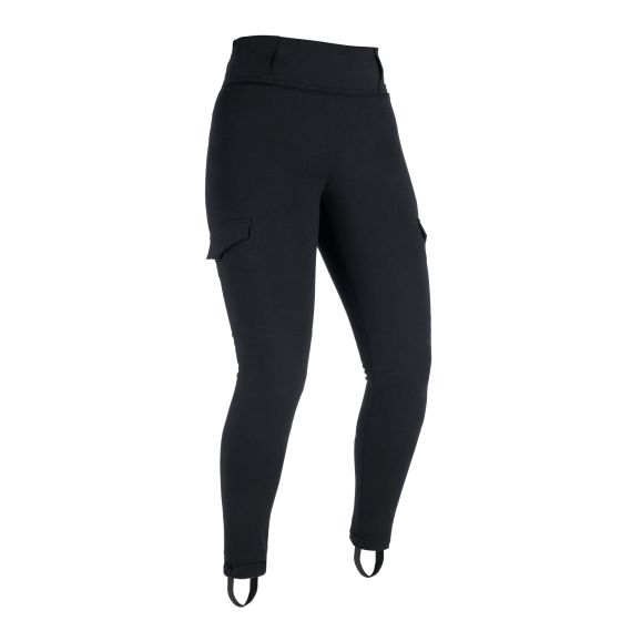 Black motorcycle leggings for women, made from durable material, featuring cargo pockets and ankle straps for secure fit, designed for comfort and style during rides.