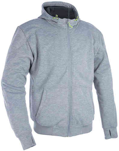 Marl grey Oxford Super 2.0 motorcycle hoodie in 3XL, featuring a zip front, adjustable hood with green drawstrings, and front pockets.