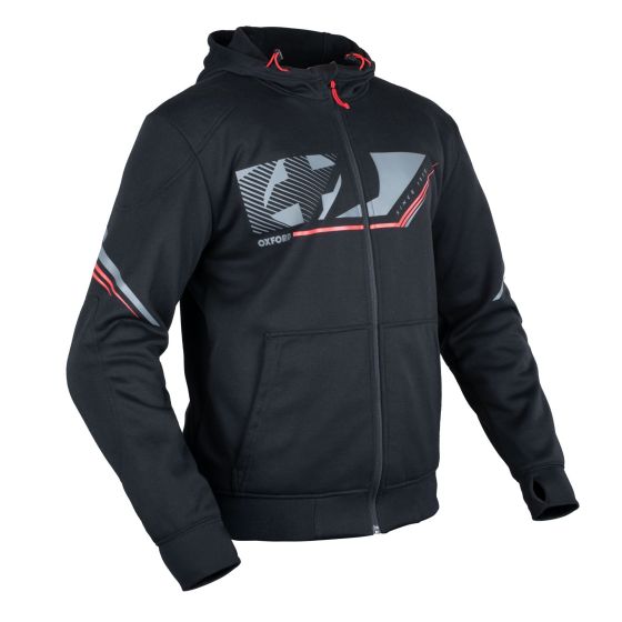 Black Oxford Super 2.0 motorcycle hoodie in size 3XL, featuring a front zipper, red accents, and a sporty design with grey graphics on the chest and sleeves.