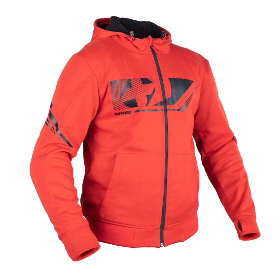 Bright red Oxford Super 2.0 motorcycle hoodie in size 5XL, featuring a zip front, black graphic accents, and a comfortable, sporty design suitable for riding.
