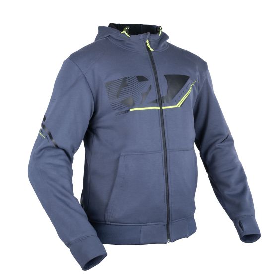 Grey and black textile jacket with neon yellow accents, featuring a zippered front, hood, and large logo on the chest, designed for a modern fit in size M.