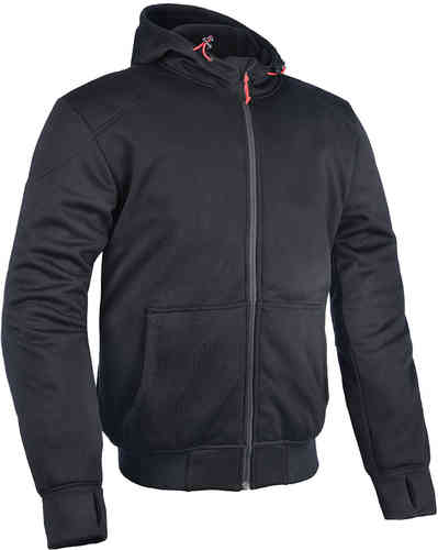 Black Oxford Super Hoodie 2.0 textile jacket in size M features a zip front, two front pockets, and contrasting red zipper pulls.
