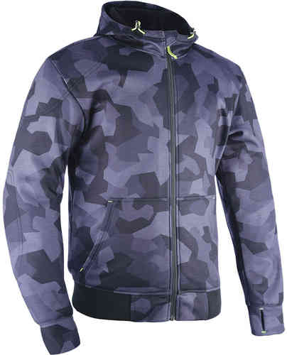 Grey and dark grey camo textile jacket with a zip front, adjustable hood, and pockets, designed in a modern fit, size S by Oxford.