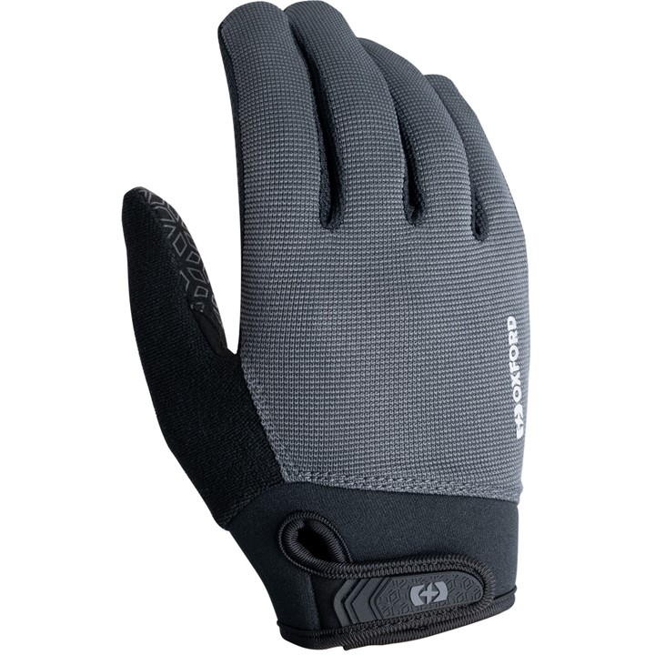 Grey Oxford Switchback 2.0 gloves featuring a textured fabric upper, black grip material on the palm, and an adjustable wrist strap for a secure fit.