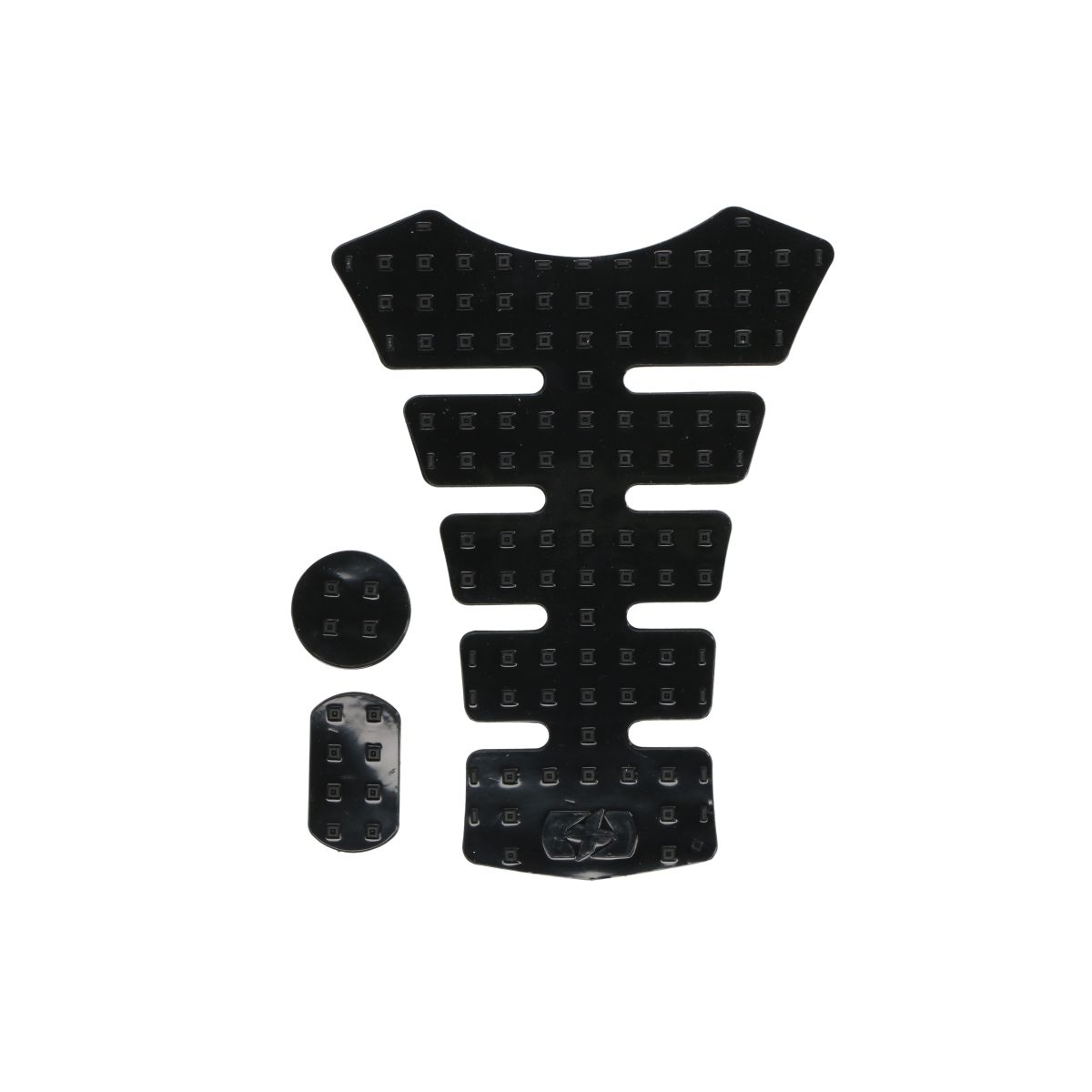 Black rubber tank pad with textured surface, featuring a central design and additional smaller pads for grip, designed to protect motorcycle tanks from scratches.