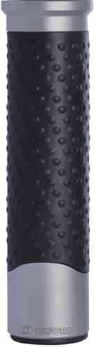 Silver motorcycle handlebar grips featuring a textured black rubber surface with a dotted pattern for enhanced grip and comfort, designed by Oxford.