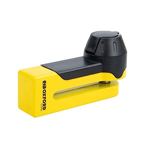Bright yellow motorcycle disc lock with a black top, featuring a sturdy metal body and a keyhole for added security, designed to prevent theft.