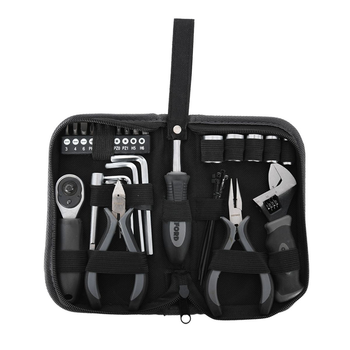 Black zippered tool kit with gray-handled pliers, a ratchet wrench, various sockets, hex keys, and a screwdriver, neatly organized in a durable fabric case.