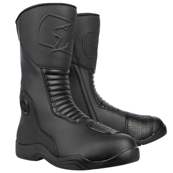 Black leather motorcycle boots featuring a sleek design, padded panels, textured accents, and a sturdy sole, designed for ladies in size 39 (UK 6).