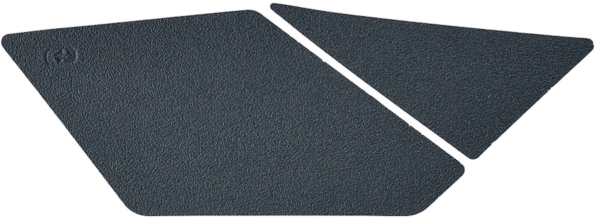 Black textured rubber tank pad with a triangular shape, featuring a subtle logo and designed to protect the motorcycle tank from scratches.