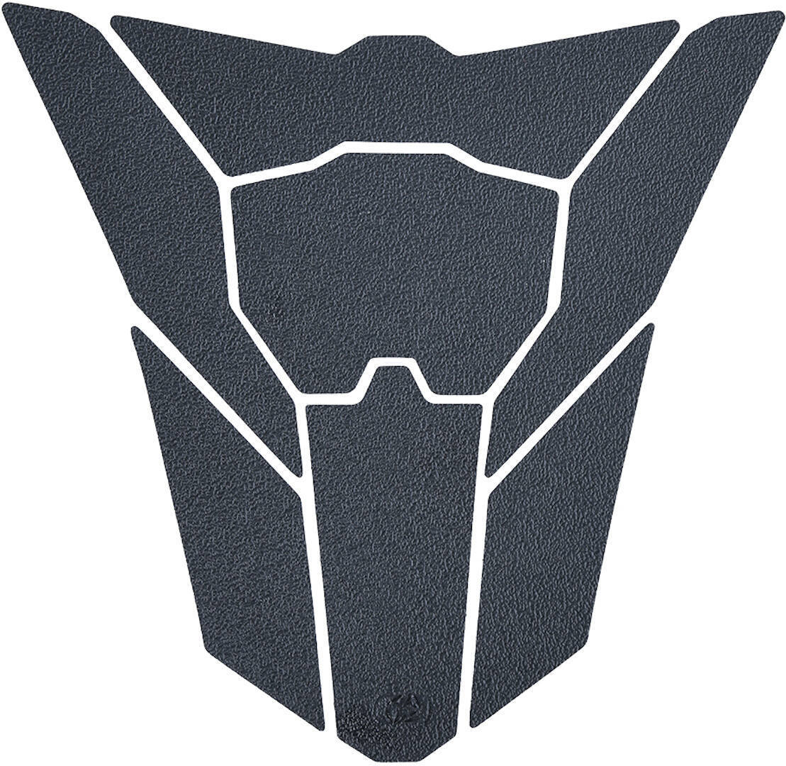 Black textured tank pad with a sleek design featuring angular shapes and a central protective area, ideal for enhancing grip and protecting motorcycle tanks.