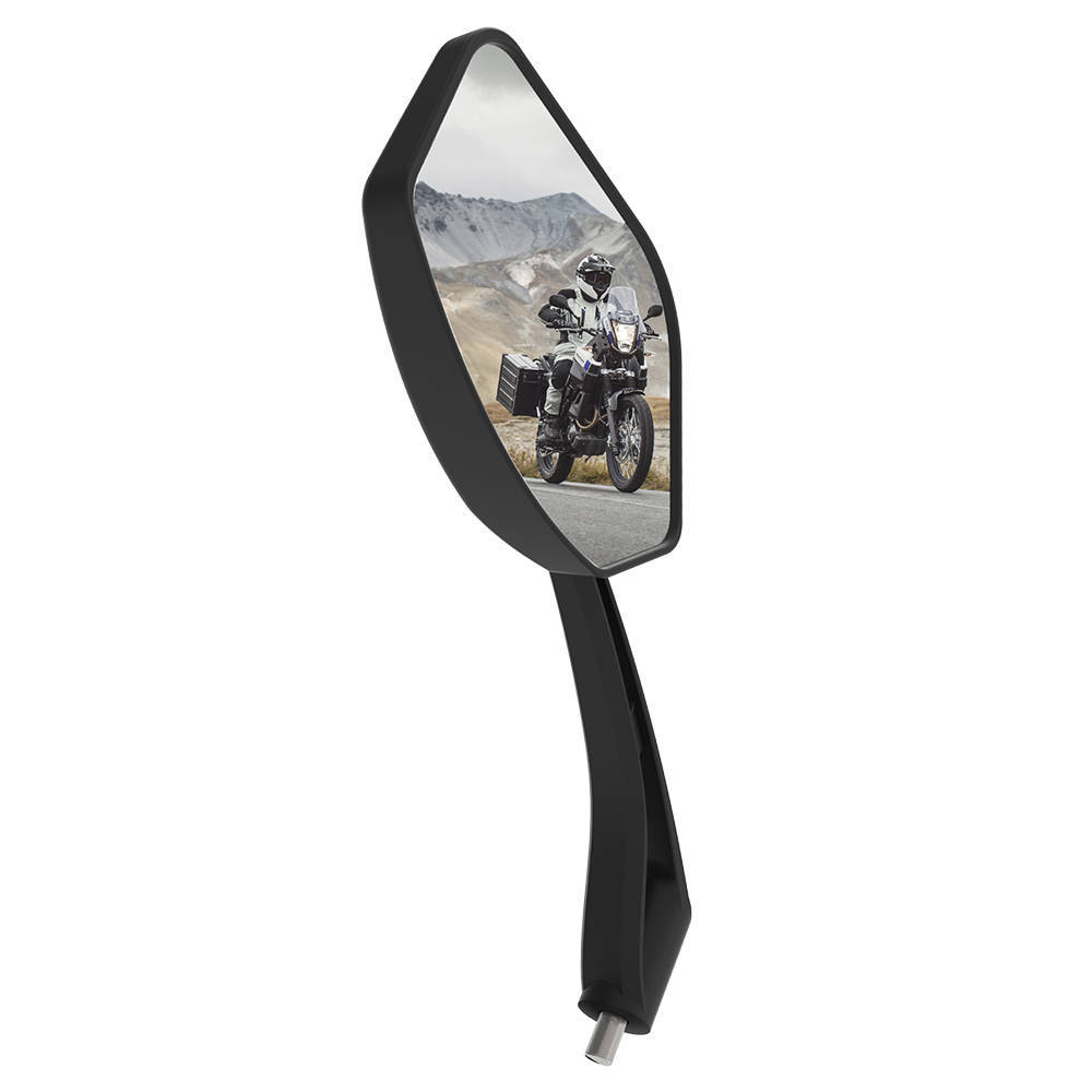 Black OXFORD OX152 motorcycle mirror with a sleek, elongated design, featuring a reflective surface and a sturdy mounting arm, ideal for enhancing visibility on the road.