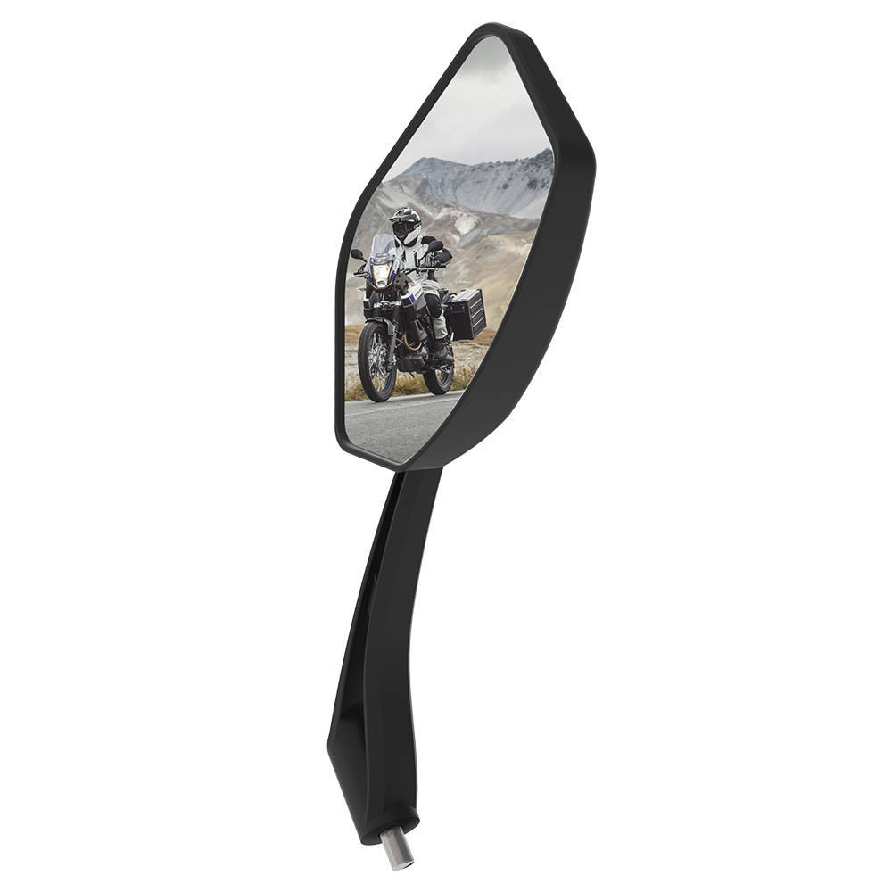 Right-side black trapezium-shaped bike mirror by Oxford, featuring a sleek design with a reflective surface and a sturdy mounting arm, ideal for enhancing visibility on motorcycles.