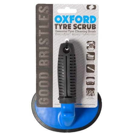 Black and blue Oxford Tyre Scrub Brush with a textured grip handle and durable bristles, displayed on a card with the product name and features highlighted.
