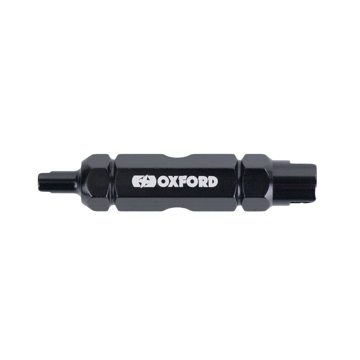 Black Oxford Valve Extractor featuring a hexagonal design with a logo, designed for easy valve removal with a slim profile and durable material.